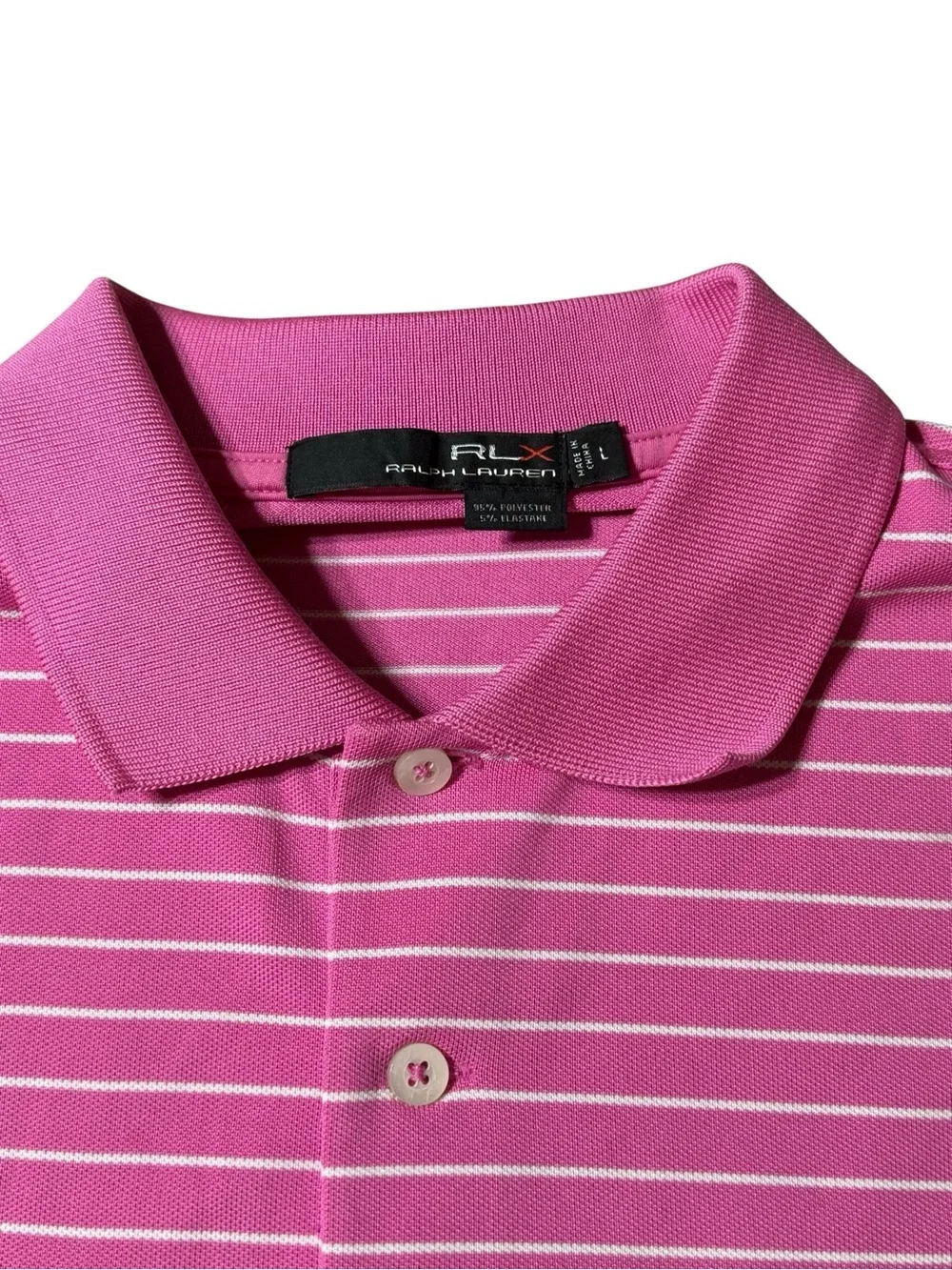 RLX Ralph Lauren Men's Large Pink White Striped Performance Golf Polo Shirt L